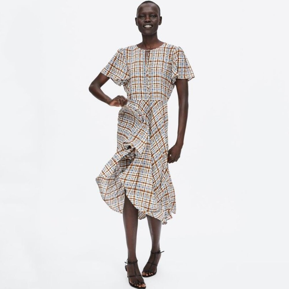 Zara Printed Plaid Dress with Full Skirt and Flutter Sleeves